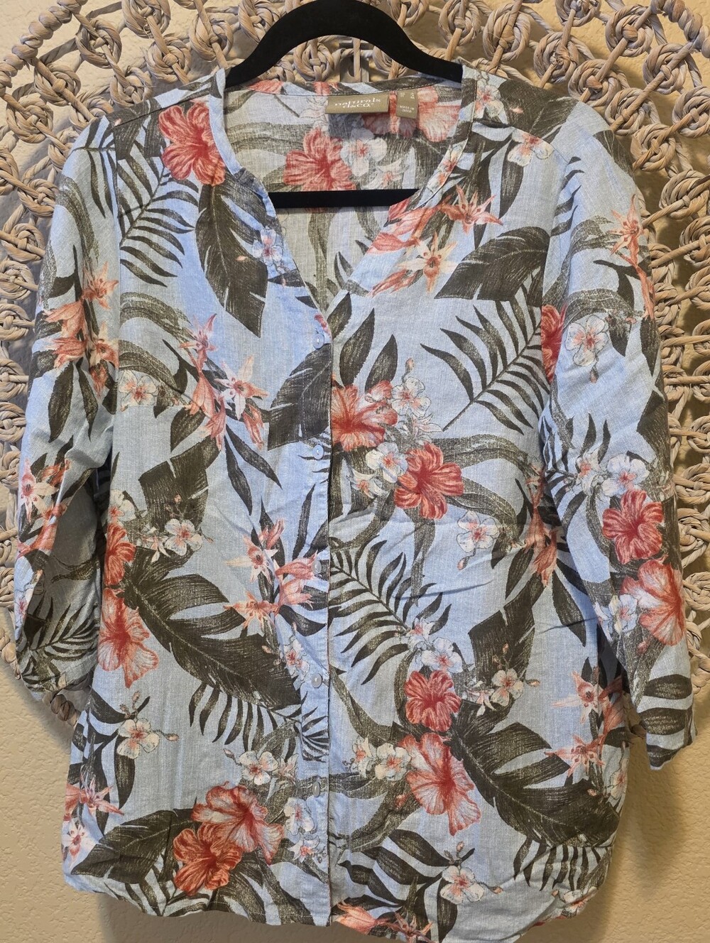 Naturals d&co. Floral Linen Blend Button-Down 3/4 Sleeve Blouse Size Small